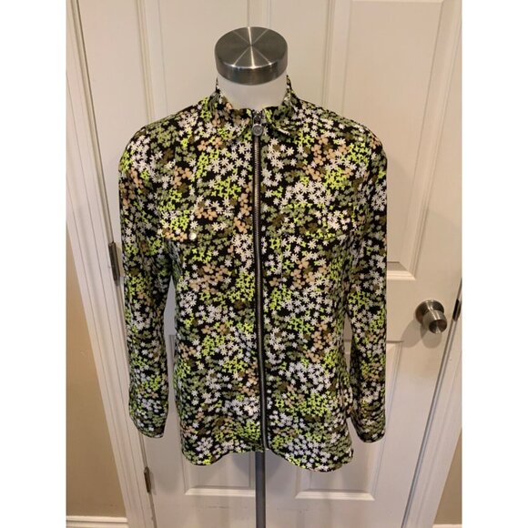 Michael Kors Black & Green Floral Print Thin Zip-Up Jacket, Size S - Picture 1 of 6